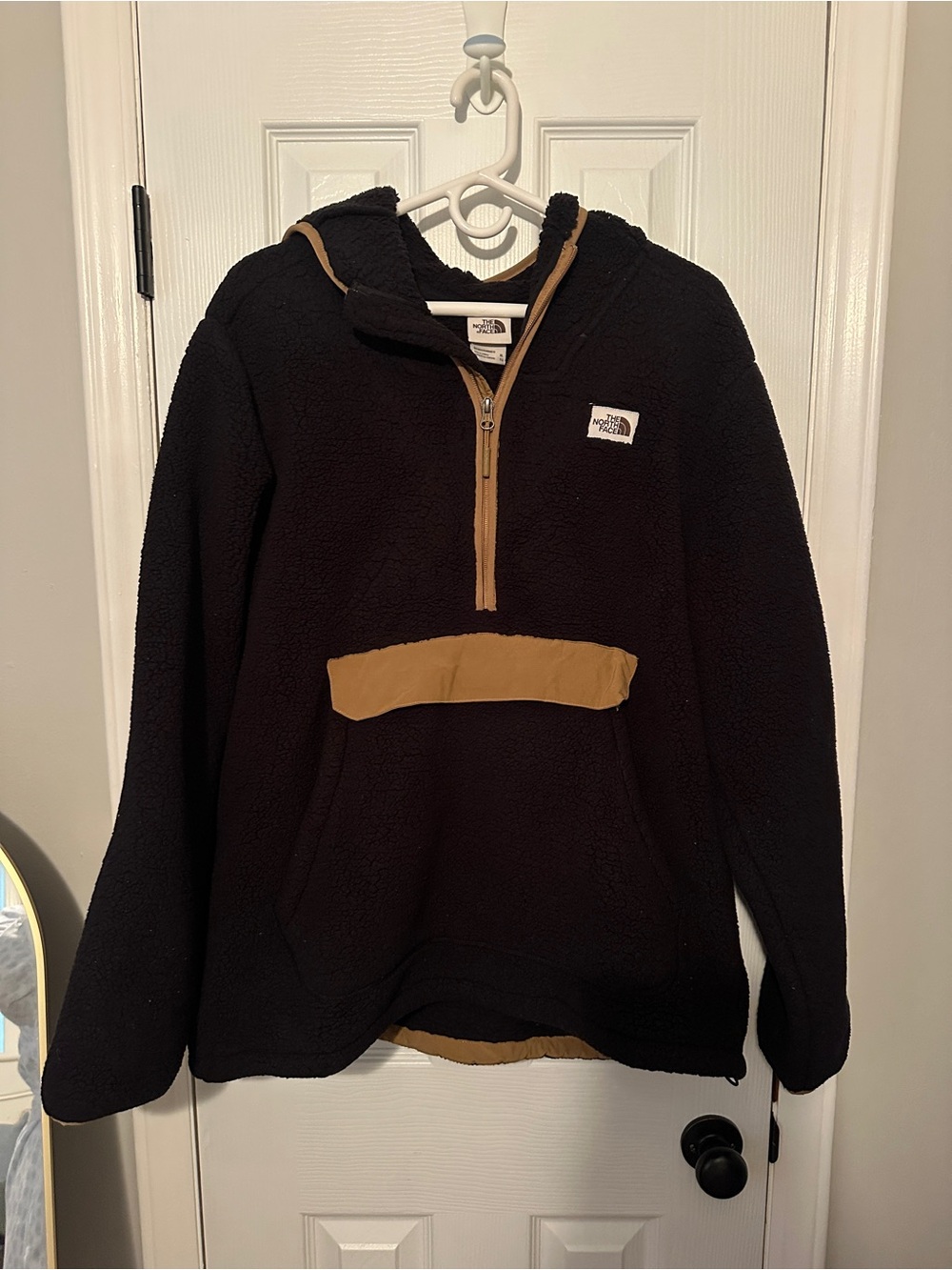 The North Face Men’s Black Sherpa Half-Zip Hoodie with Tan Trim